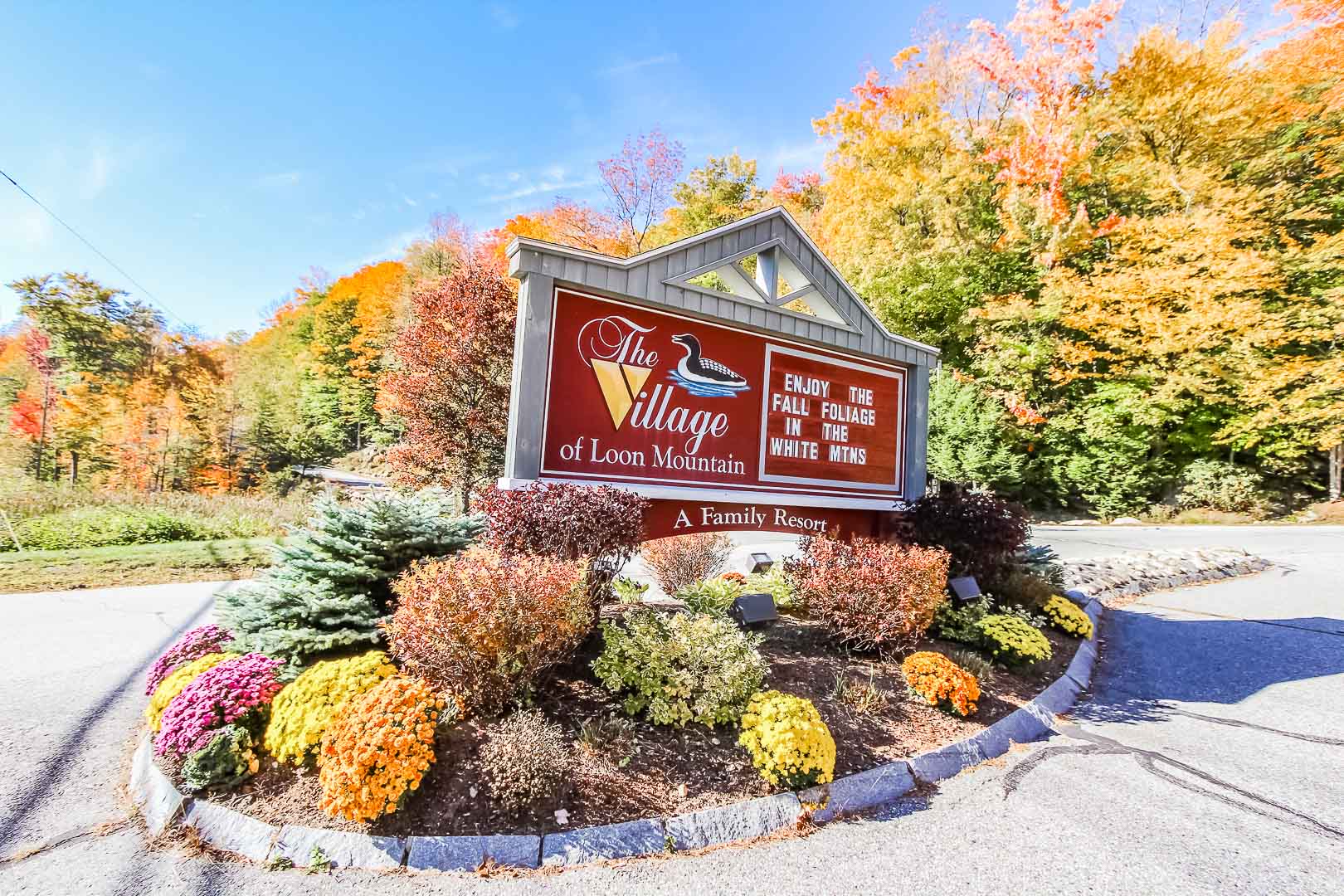 A welcoming resort entrance at Village of Loon Mountain in Lincoln, New Hampshire.